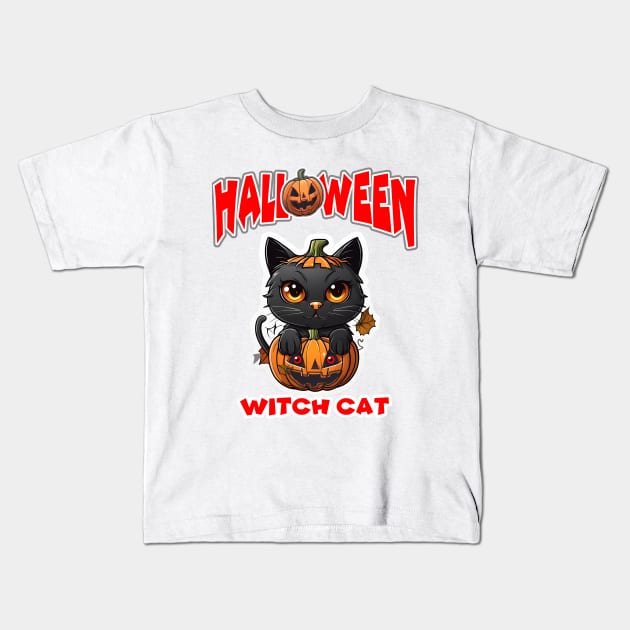 Witch Cat Happy Halloween. Kids T-Shirt by moss @ ploy love design